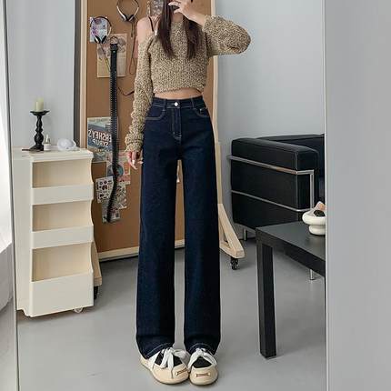 蓝色加绒加厚窄版牛仔裤女2025冬季新款高腰宽松显瘦垂感直筒裤子
