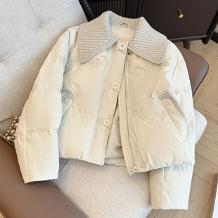 2025冬季新款简约针织翻领短款羽绒服女设计感加绒加厚短款面包服