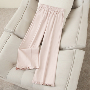 新款木耳花边阔腿裤女夏季薄款宽松高腰显瘦小个子直筒休闲九分裤