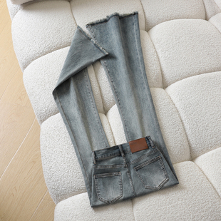 复古毛边微喇牛仔裤女2025秋冬新款高腰修身显瘦小个子弹力喇叭裤