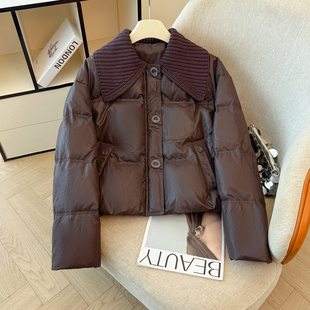 韩系咖色短款羽绒服女2025年冬季新款针织翻领宽松加厚保暖面包服