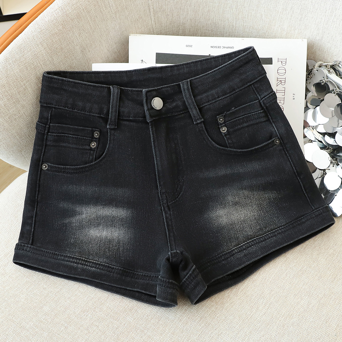 黑色高腰直筒牛仔裤女2026夏季新款微弹拉链耐磨休闲宽松时尚短裤