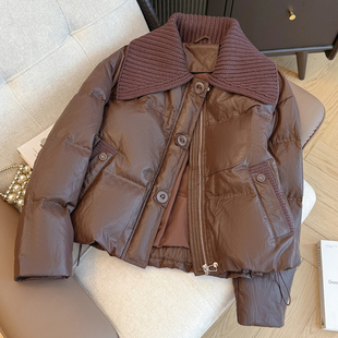 咖色针织翻领短款羽绒服女2025年冬季新款棉袄上衣保暖面包服外套