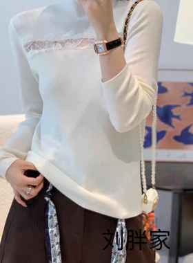 2025秋冬新款韩版半高领拼接蕾丝花边针织衫女修身显瘦打底毛衣潮