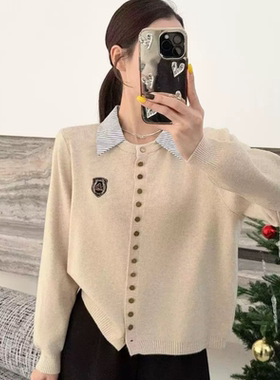 学院风polo翻领长袖针织开衫女冬时尚徽章假两件撞色毛衣减龄上衣