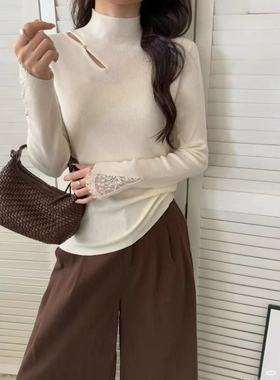 半高领镂空针织衫女2025冬季羊毛毛衣紧身打底叠穿微领内搭上衣秋