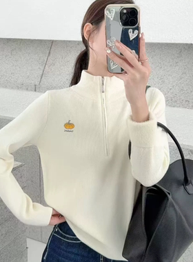 2025韩版宽松显瘦圆南瓜领长袖一体绒针织衫女百搭休闲毛衣上衣