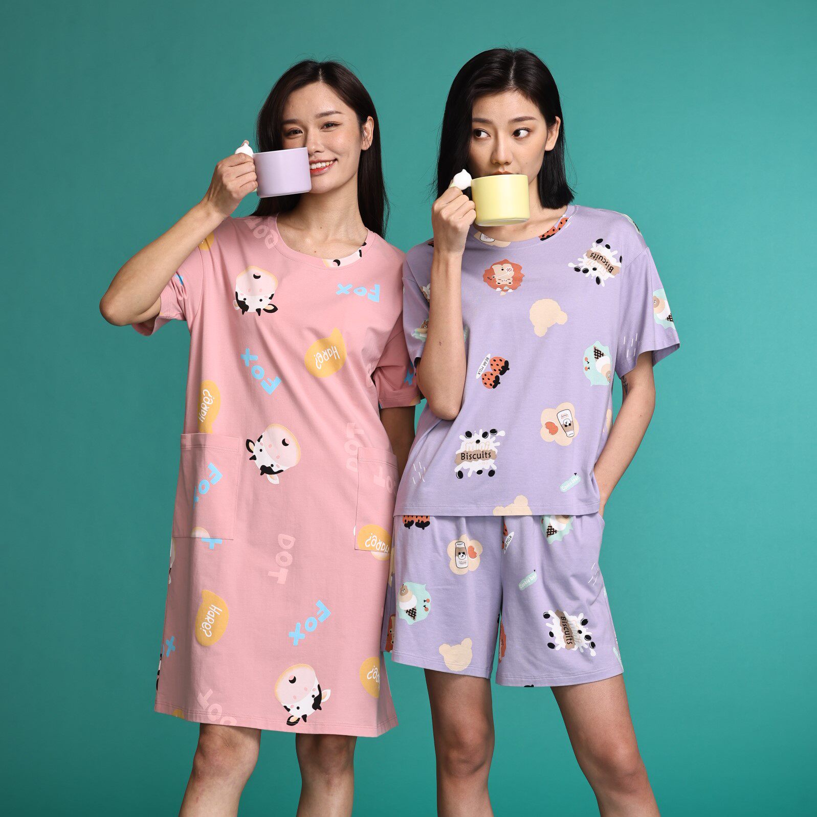 意大莱春夏女士冰柔棉圆领卡通印花家居服短袖短裤套装/短袖短裙