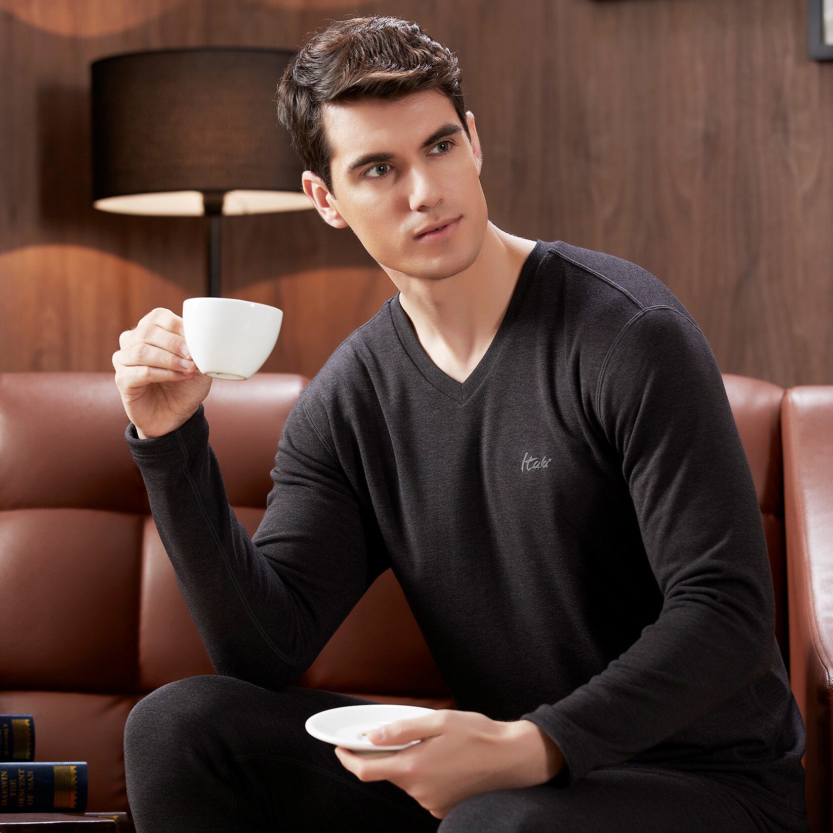 意大莱秋冬男士男生纯色加厚加绒超柔绒v领打底保暖内衣套装