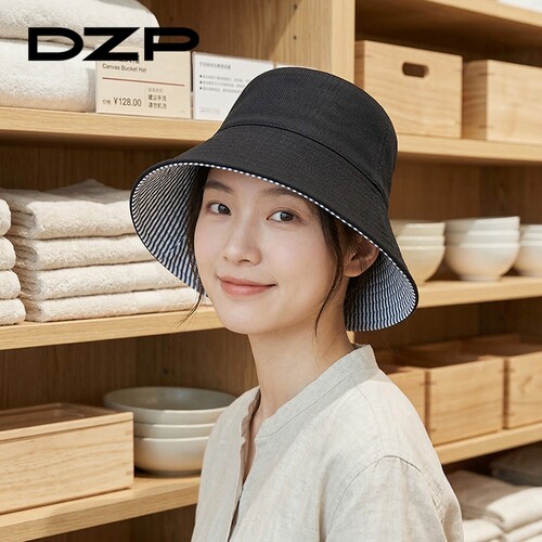 DZP 双面可戴渔夫帽女夏季大檐防晒遮阳盆帽条纹内里显脸小帽子