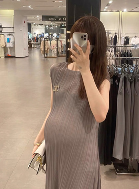 HAIDE妈咪孕妇装无袖夏设计感优雅气质高贵气质褶皱风长款连衣裙