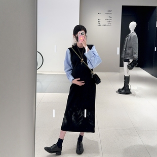 针织连衣裙宽松拼接长裙 气质设计假两件衬衫 HAIDE妈咪孕妇装 法式