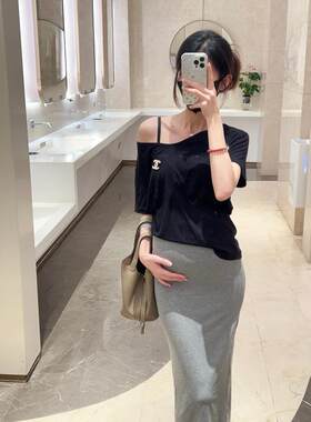海德妈咪孕妇装法式简约舒适T恤+高弹力薄款百搭抽绳包臀裙两件套