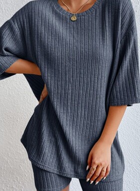 欧美时尚宽松T恤短裤运动休闲套装女 Top Shorts Suit Set women