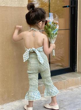 女童套装夏季24新款洋气时髦格子挂脖吊带衫喇叭裤儿童休闲两件套