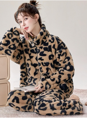 2025新款珊瑚绒睡衣女保暖豹纹法兰绒秋冬加绒加厚宽松家居服套装
