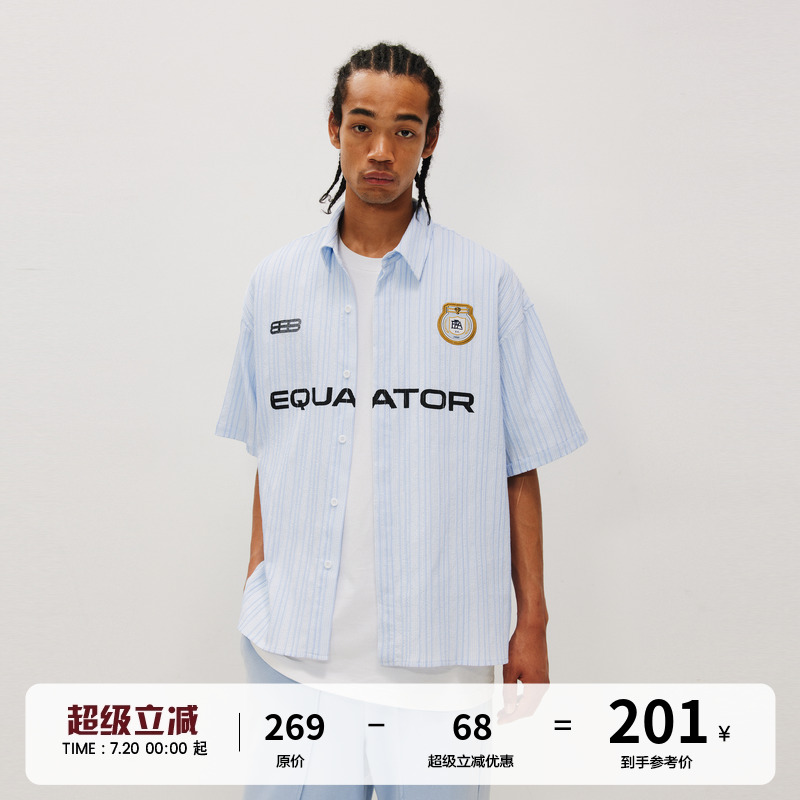FPA中排版条纹徽章短袖衬衫 夏季休闲宽松情侣中袖五分袖衬衣外套