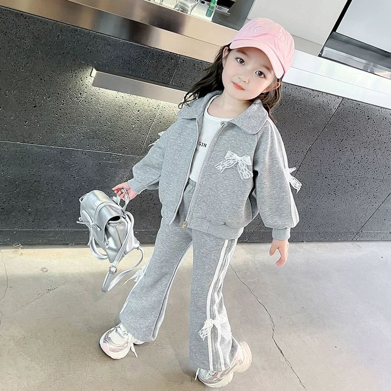 女童蝴蝶结秋装套装女孩新款休闲运动装儿童洋气女宝宝两件套时髦