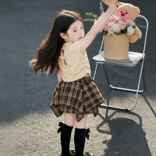女童夏季套装2026新款时髦网红宝宝短袖格子裙裤休闲洋气两件套