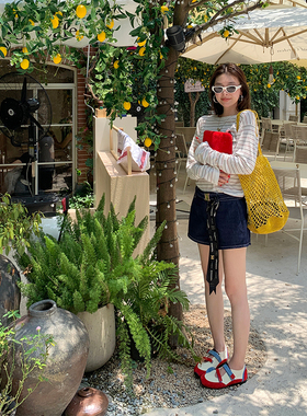 tingtings 蓝色复古牛仔短裤女夏季百搭宽松阔腿热裤a字直筒裤子