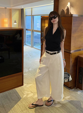 tingtings 白色8分亚麻休闲裤女夏季薄款宽松阔腿裤九分休闲裤子