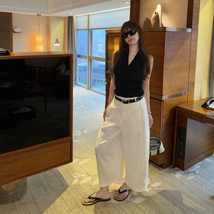 tingtings 白色8分亚麻休闲裤女夏季薄款宽松阔腿裤九分休闲裤子