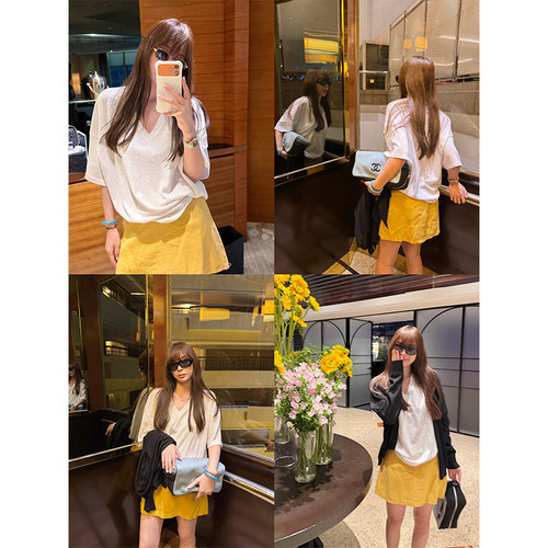 白色V领短袖T恤女宽松防晒上衣