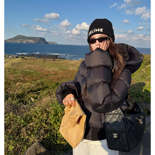 tingtings 保暖90白鸭绒黑色羽绒服外套女冬季宽松连帽面包服上衣