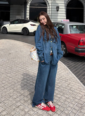 tingtings 复古蓝色牛仔衬衫套装女早春宽松薄款上衣休闲阔腿裤