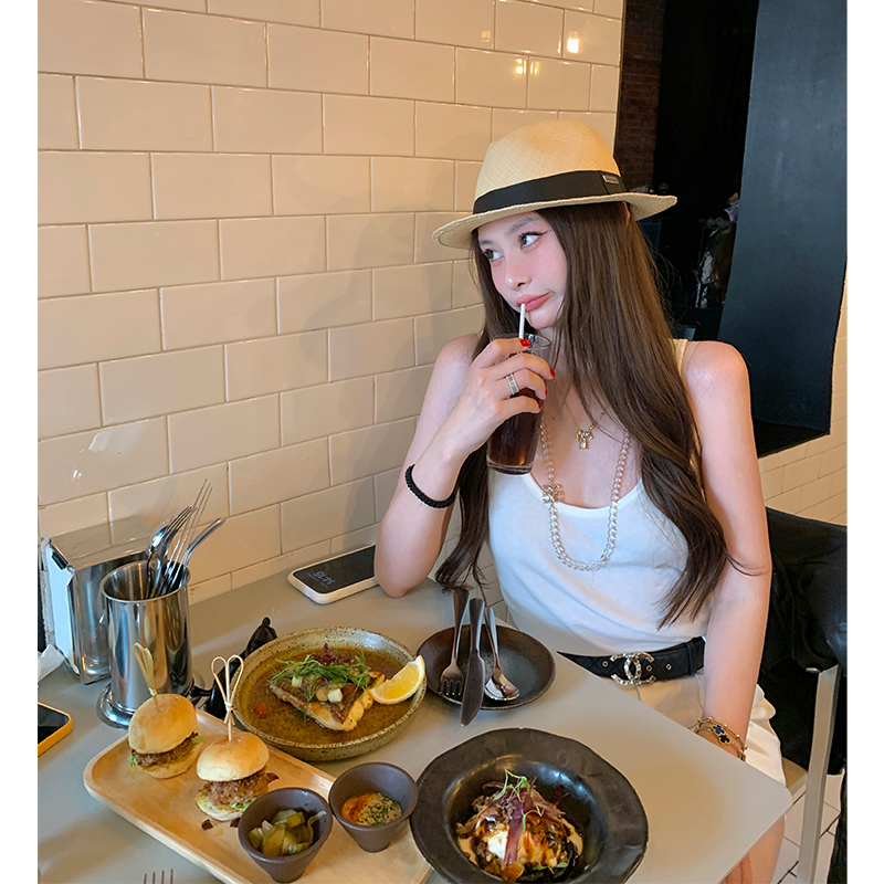 tingtings 白色吊带背心女夏季宽松外穿羊毛显瘦上衣百搭打底衫