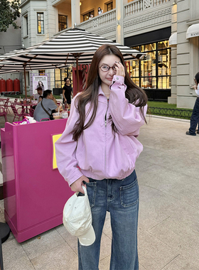 tingtings粉色翻领夹克外套女早秋新款Pr*da同款美式宽松休闲上衣