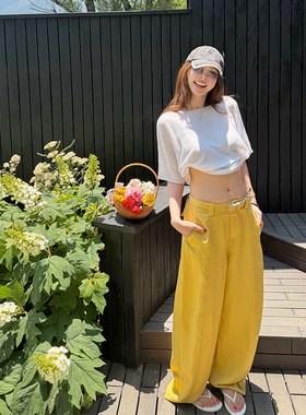 tingtings 黄色莱赛尔香蕉裤女夏季薄款宽松阔腿裤工装休闲裤子