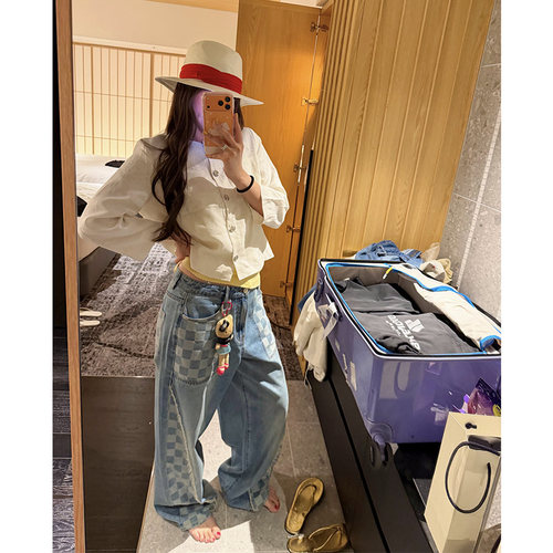 拼接棋盘格阔腿牛仔裤女拖地长裤