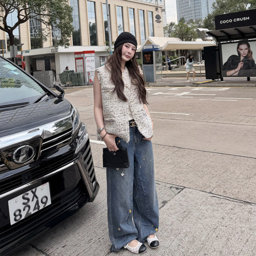 金属坠饰直筒牛仔裤女潮牌阔腿裤