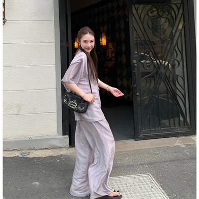 tingtings 高级紫色休闲醋酸套装女夏薄款宽松短袖T恤垂感阔腿裤