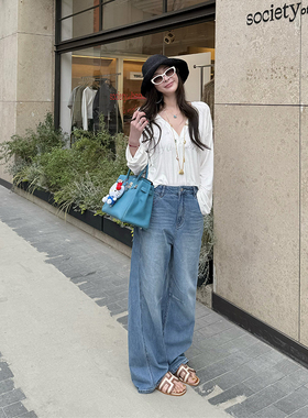 tingtings 蓝色复古直筒牛仔裤女夏季薄款白色裤子宽松拖地阔腿裤