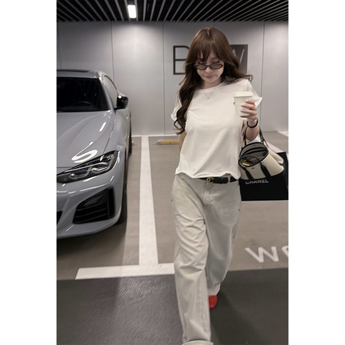 鱼骨造型正肩莱赛尔短袖T恤女夏