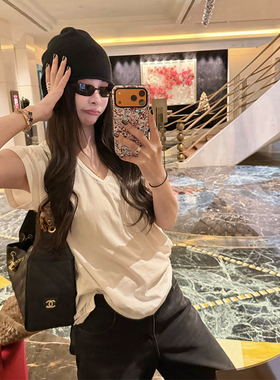 tingtings 舒适百搭白色V领短袖t恤女秋冬纯棉内搭宽松打底衫上衣