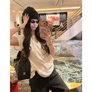 上衣 t恤女秋冬纯棉内搭宽松打底衫 tingtings 舒适百搭白色V领短袖