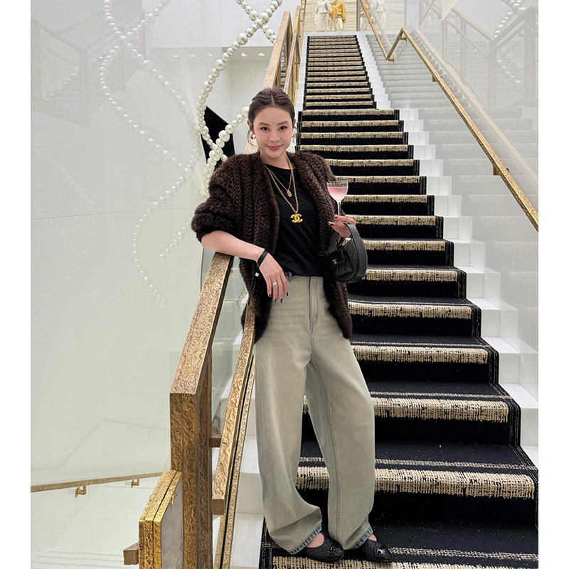 设计感撞色直筒牛仔裤女冬阔腿裤