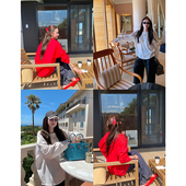 tingtings时髦拼接假两件长袖 t恤女早秋宽松防晒套头衬衫 白色上衣