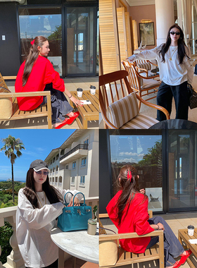 tingtings时髦拼接假两件长袖t恤女早秋宽松防晒套头衬衫白色上衣