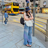 闭眼入重工彩色羽毛烫钻牛仔裤 女夏季 宽松阔腿裤 tingtings 长裤