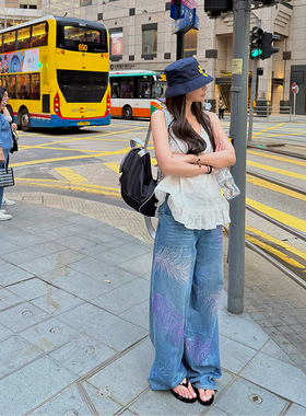 tingtings 闭眼入重工彩色羽毛烫钻牛仔裤女夏季宽松阔腿裤长裤