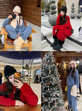 tingtings 好看红色休闲加绒卫衣套装女冬季保暖外套加厚运动裤子