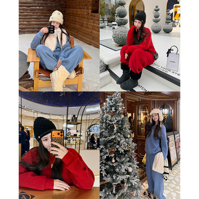 红色加绒卫衣套装女冬季运动裤子