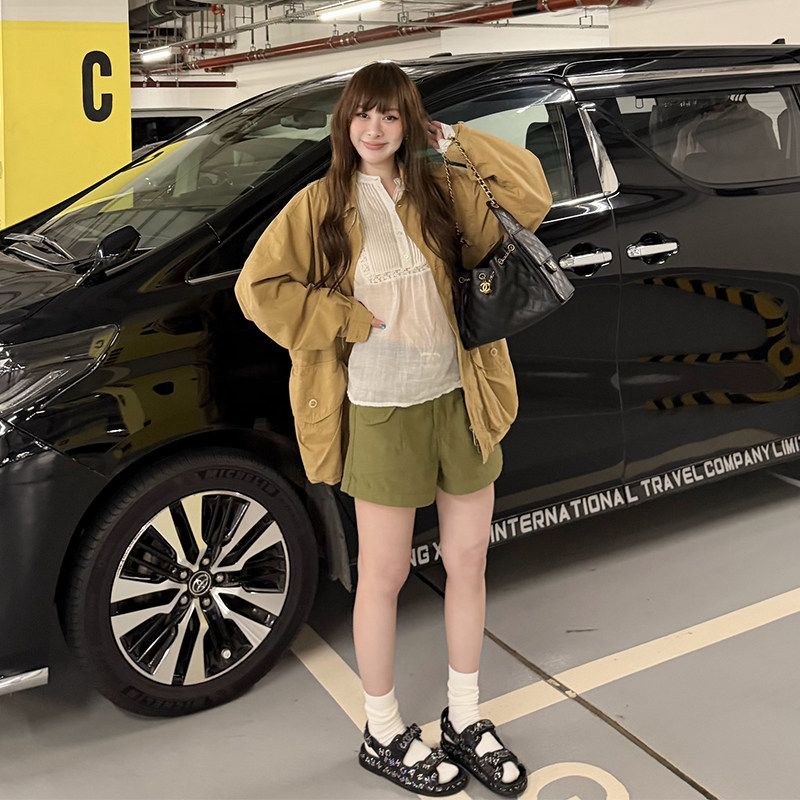 tingtings 美式复古工装牛仔短裤女夏季新款休闲军绿显瘦A字裤子