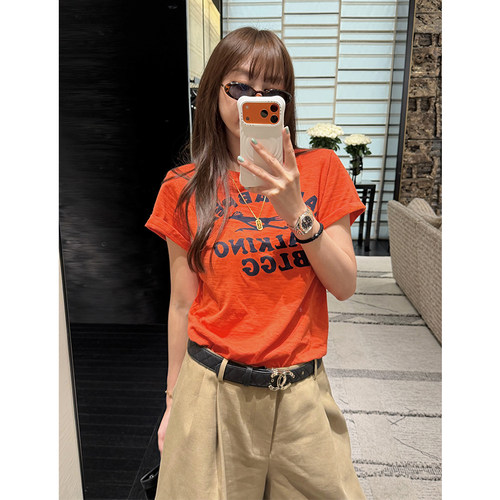 字母印花橘色短袖T恤女夏季上衣