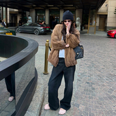 tingtings 女秋冬加厚阔腿裤 3D打印羽绒 高级复古水洗直筒牛仔裤