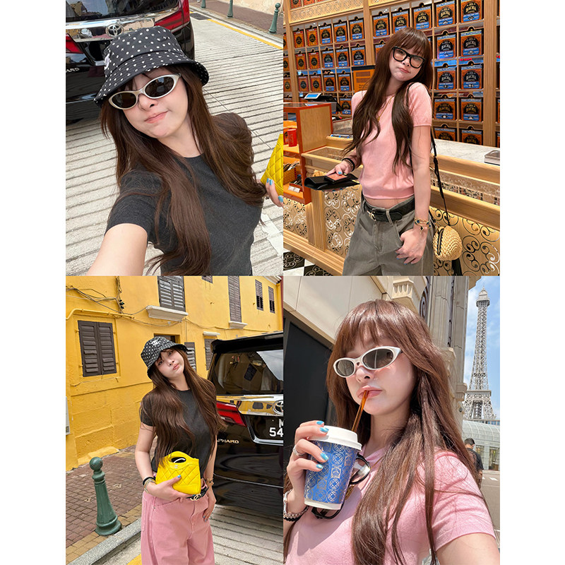 tingtings 简约修身百搭针织短袖T恤女夏季薄款毛衣显瘦内搭上衣